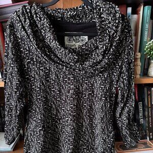 Effie's Heart Cowl Neck Tunic with Music Notes Black 3/4 Sleeve Size Medium